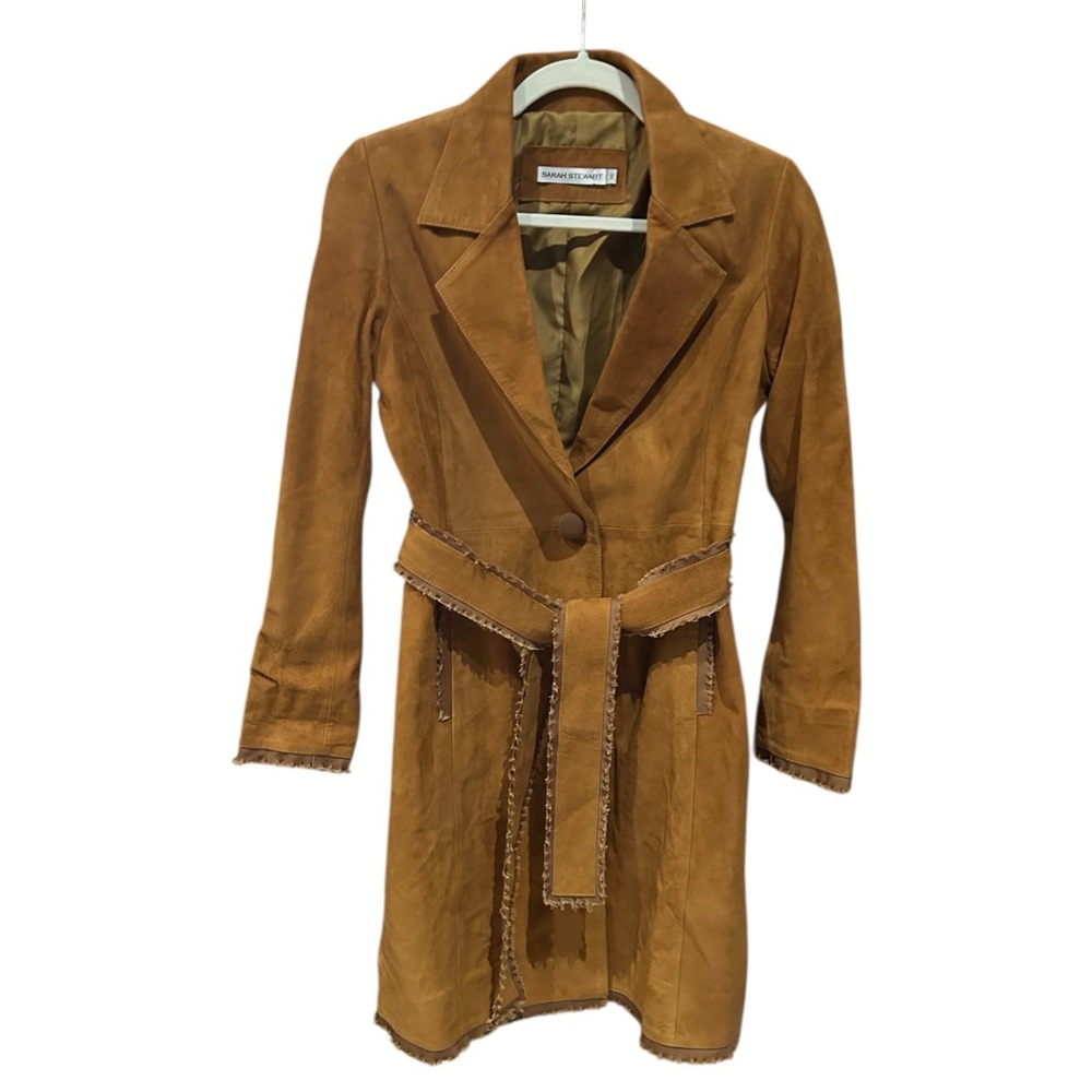SARAH STEWART Suede Belted Trench Coat Leather‎ Jacket XS